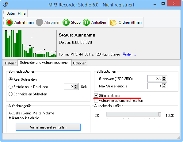 MP3 Recorder Studio - Stille auslassen
