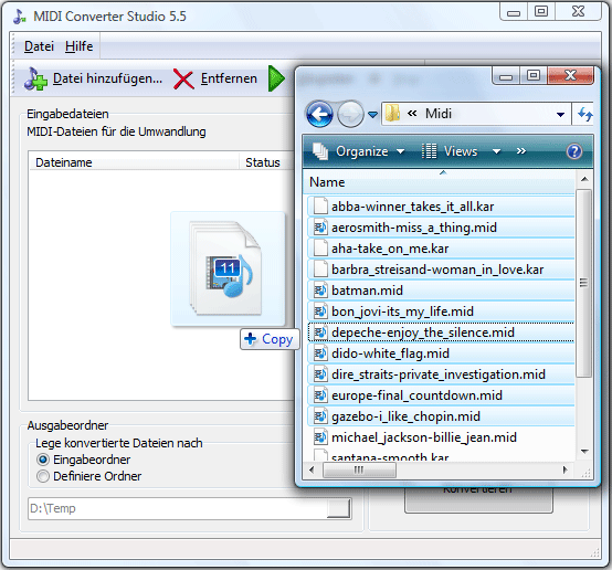 Sie können mehrere MIDI Dateien auf einmal umwandeln