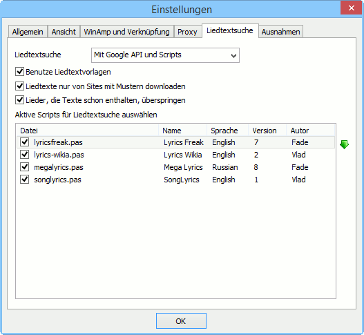 Sucheinstellungen für Liedtexte