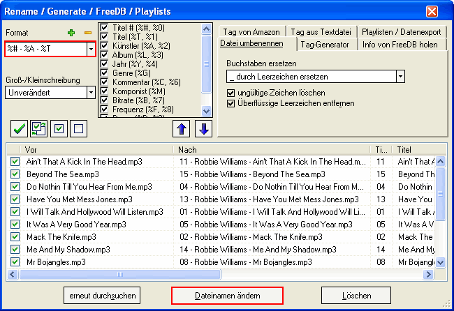 Audiodateien nach dem Muster umbenennen