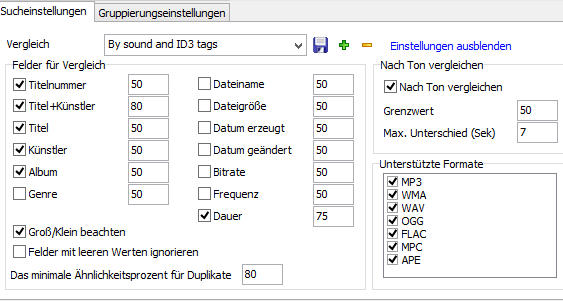 Sucheinstellungen für doppelte Dateien